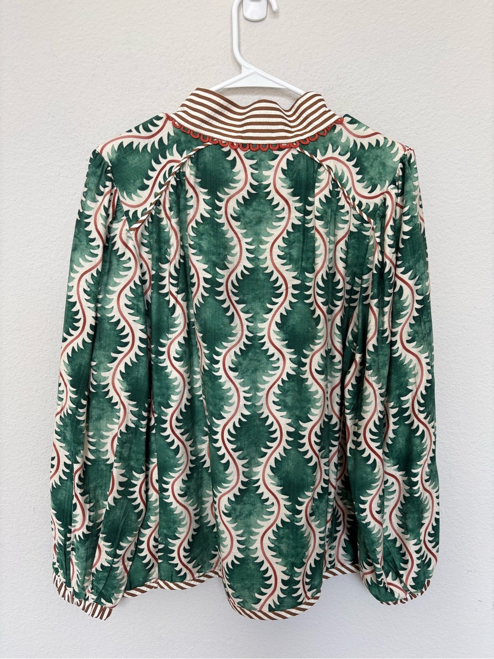 GiGiO Green Leaf Print Tunic Blouse Medium Boho Split Neck Long Sleeve‎ Top - Picture 6 of 8
